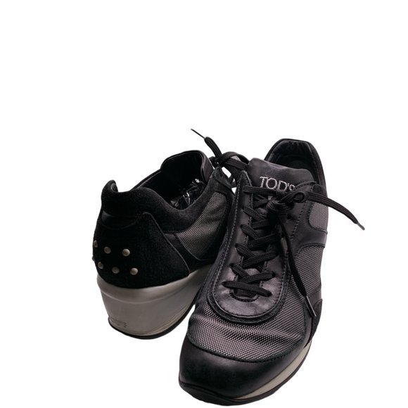 TOD'S BLACK Suede Leather White Mesh Lace-Up Heel Sneakers - Picture 10 of 11